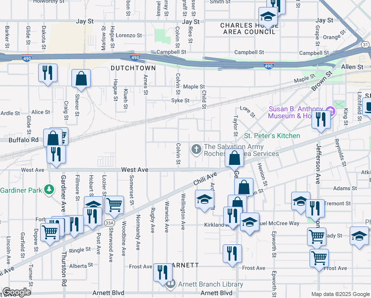 map of restaurants, bars, coffee shops, grocery stores, and more near 82 Danforth Street in Rochester