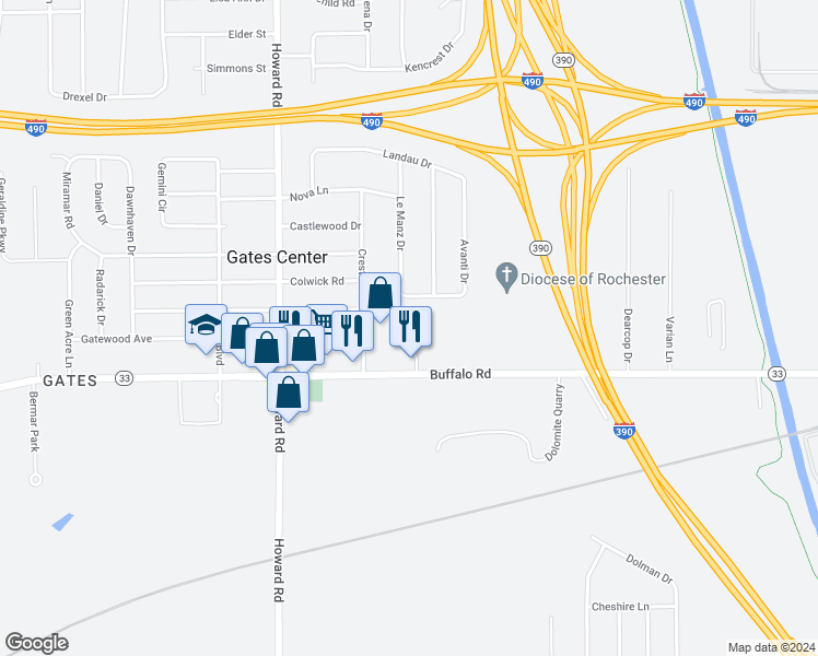 map of restaurants, bars, coffee shops, grocery stores, and more near 7 Avanti Drive in Rochester