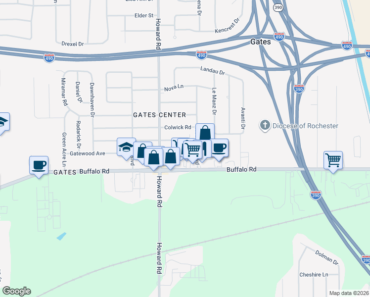 map of restaurants, bars, coffee shops, grocery stores, and more near 62 Normandale Drive in Rochester