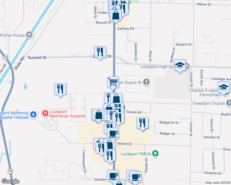 map of restaurants, bars, coffee shops, grocery stores, and more near 14 Woodbury Drive in Lockport