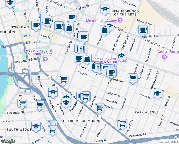 map of restaurants, bars, coffee shops, grocery stores, and more near 85 Park Avenue in Rochester