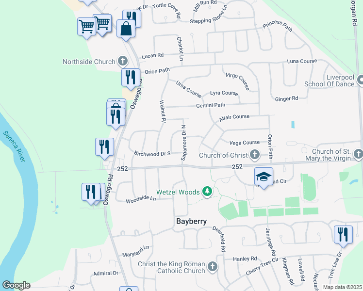 map of restaurants, bars, coffee shops, grocery stores, and more near 7861 Sagamore Drive North in Liverpool