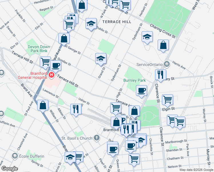 map of restaurants, bars, coffee shops, grocery stores, and more near 30 Dundas Street in Brantford