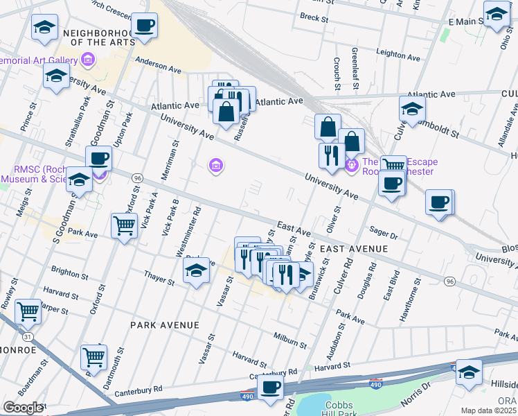 map of restaurants, bars, coffee shops, grocery stores, and more near 1000 East Avenue in Rochester