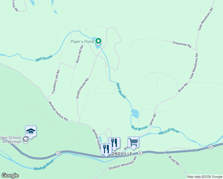 map of restaurants, bars, coffee shops, grocery stores, and more near 22 Redbrook Road in Winhall