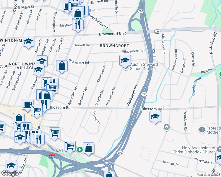 map of restaurants, bars, coffee shops, grocery stores, and more near 144 Croydon Road in Rochester