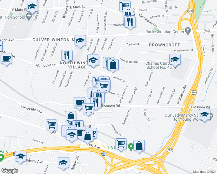 map of restaurants, bars, coffee shops, grocery stores, and more near 338 Winton Road North in Rochester