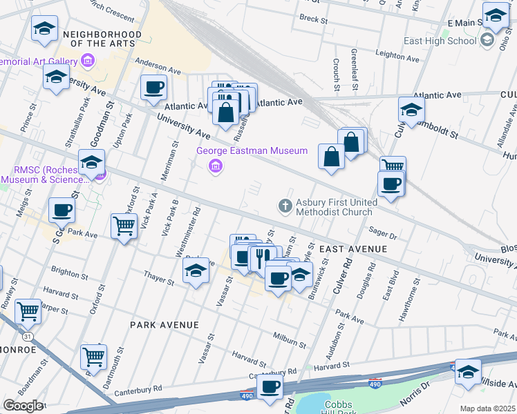 map of restaurants, bars, coffee shops, grocery stores, and more near 1000 East Avenue in Rochester