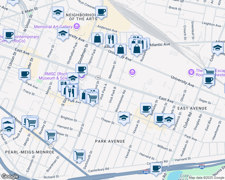 map of restaurants, bars, coffee shops, grocery stores, and more near 809 East Avenue in Rochester