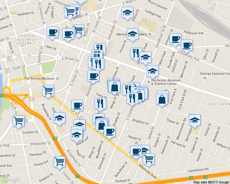 map of restaurants, bars, coffee shops, grocery stores, and more near 105 Meigs Street in Rochester