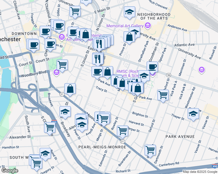 map of restaurants, bars, coffee shops, grocery stores, and more near 74 Park Avenue in Rochester