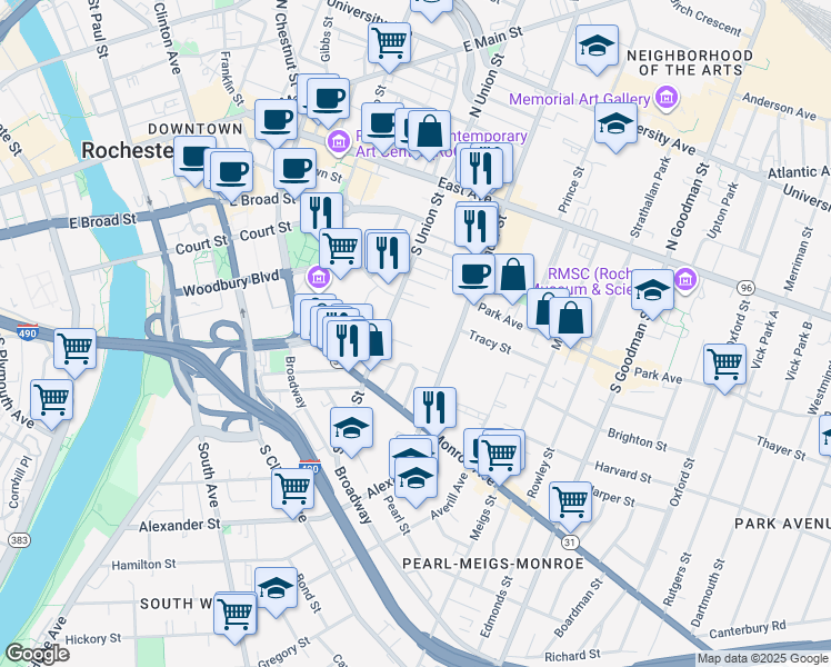 map of restaurants, bars, coffee shops, grocery stores, and more near 21 Buena Place in Rochester