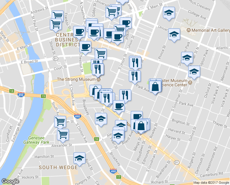 map of restaurants, bars, coffee shops, grocery stores, and more near 21 Buena Place in Rochester