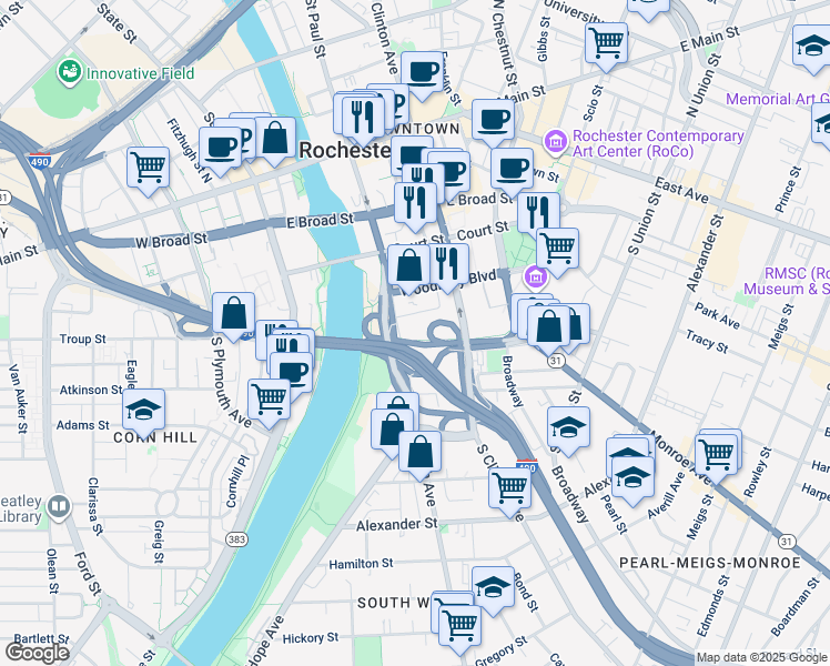 map of restaurants, bars, coffee shops, grocery stores, and more near 222 South Avenue in Rochester