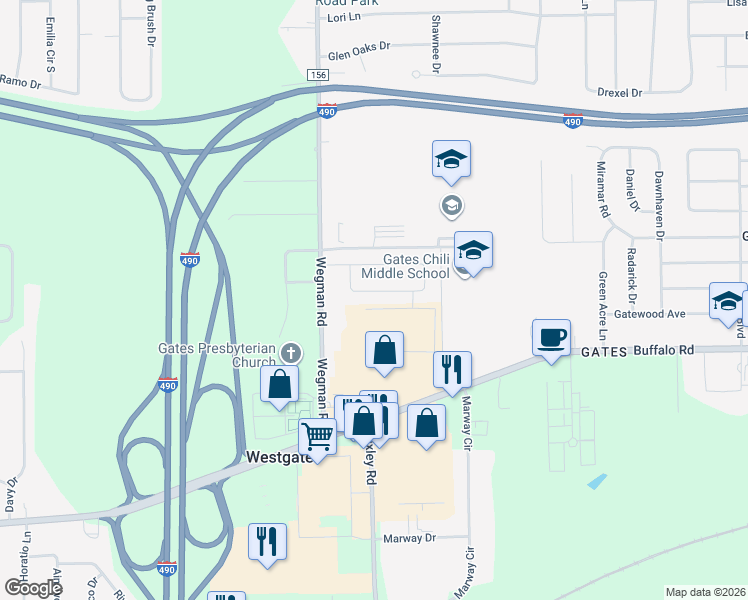 map of restaurants, bars, coffee shops, grocery stores, and more near 77 Juliane Drive in Rochester