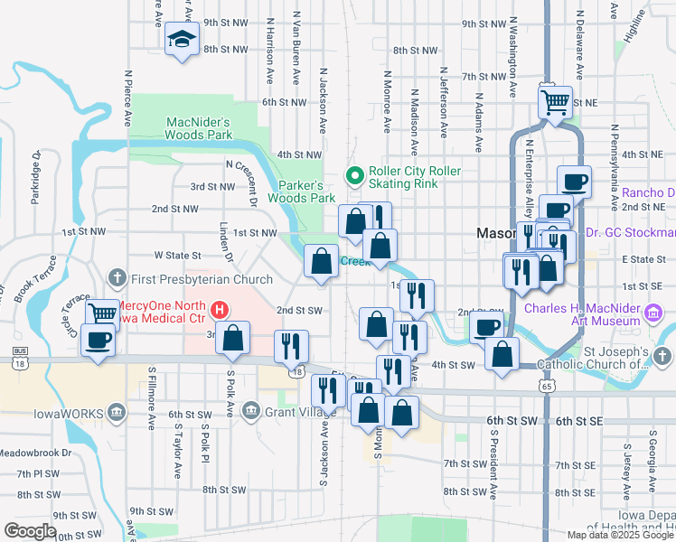 map of restaurants, bars, coffee shops, grocery stores, and more near 103 South Jackson Avenue in Mason City