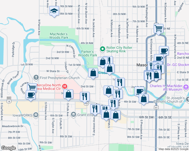 map of restaurants, bars, coffee shops, grocery stores, and more near 103 South Jackson Avenue in Mason City
