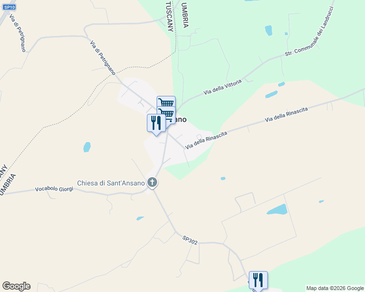 map of restaurants, bars, coffee shops, grocery stores, and more near 60 Via della Rinascita in Provincia di Perugia