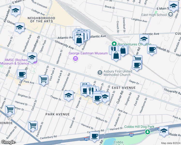 map of restaurants, bars, coffee shops, grocery stores, and more near 1000 East Avenue in Rochester