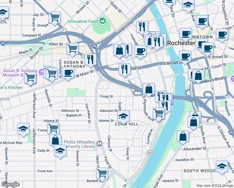 map of restaurants, bars, coffee shops, grocery stores, and more near 138 Troup Street in Rochester