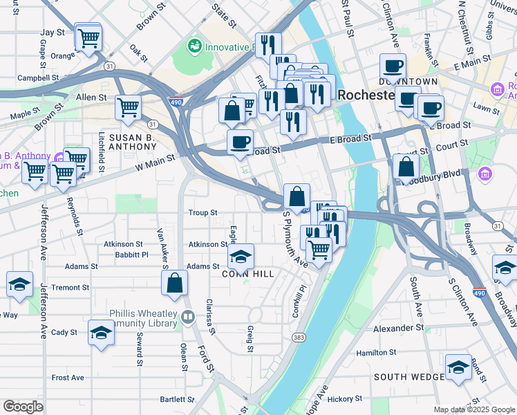 map of restaurants, bars, coffee shops, grocery stores, and more near 65 South Washington Street in Rochester
