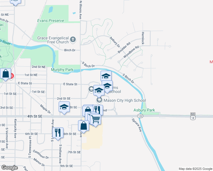 map of restaurants, bars, coffee shops, grocery stores, and more near 19 North Illinois Avenue in Mason City