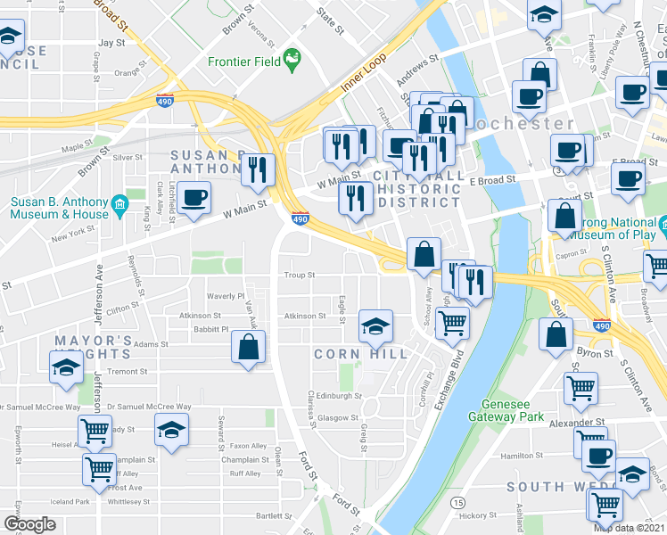 map of restaurants, bars, coffee shops, grocery stores, and more near 138 Troup Street in Rochester