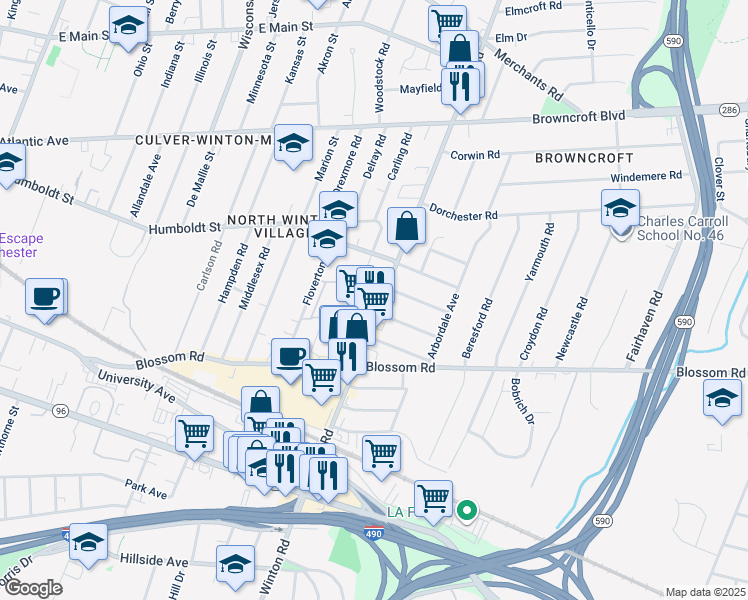 map of restaurants, bars, coffee shops, grocery stores, and more near 106 Harris Park in Rochester