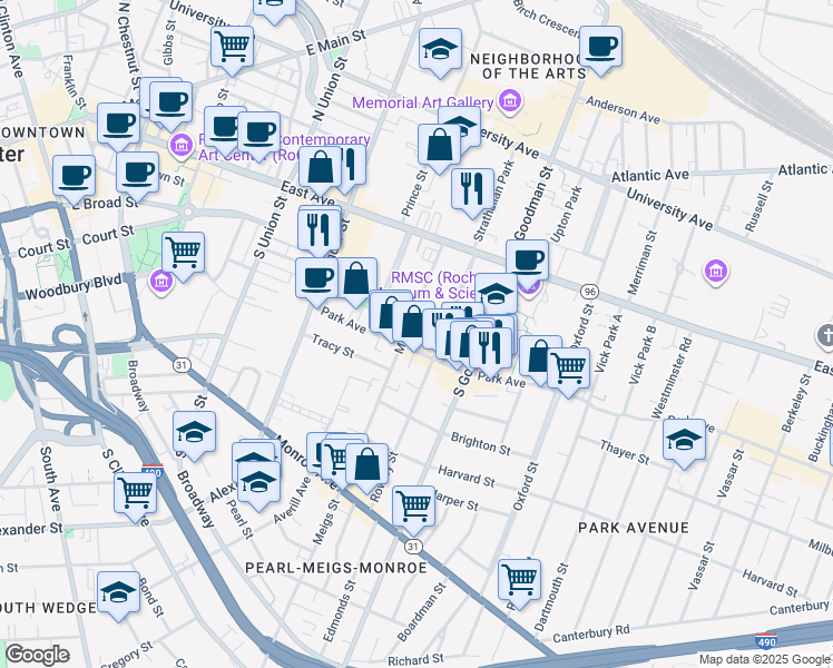 map of restaurants, bars, coffee shops, grocery stores, and more near 105 Meigs Street in Rochester