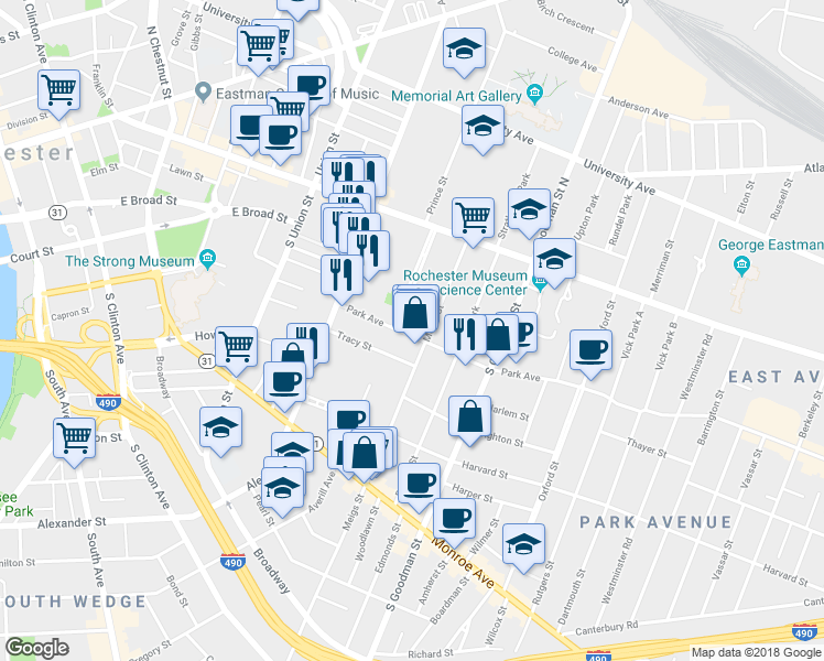 map of restaurants, bars, coffee shops, grocery stores, and more near 74 Park Avenue in Rochester