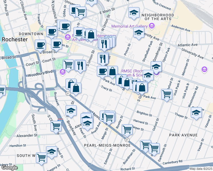 map of restaurants, bars, coffee shops, grocery stores, and more near 26 Park Avenue in Rochester