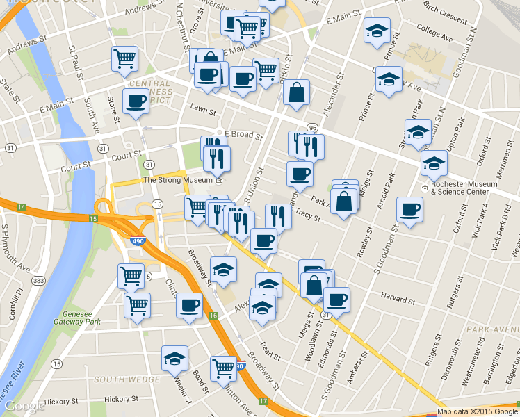 map of restaurants, bars, coffee shops, grocery stores, and more near 21 Buena Place in Rochester