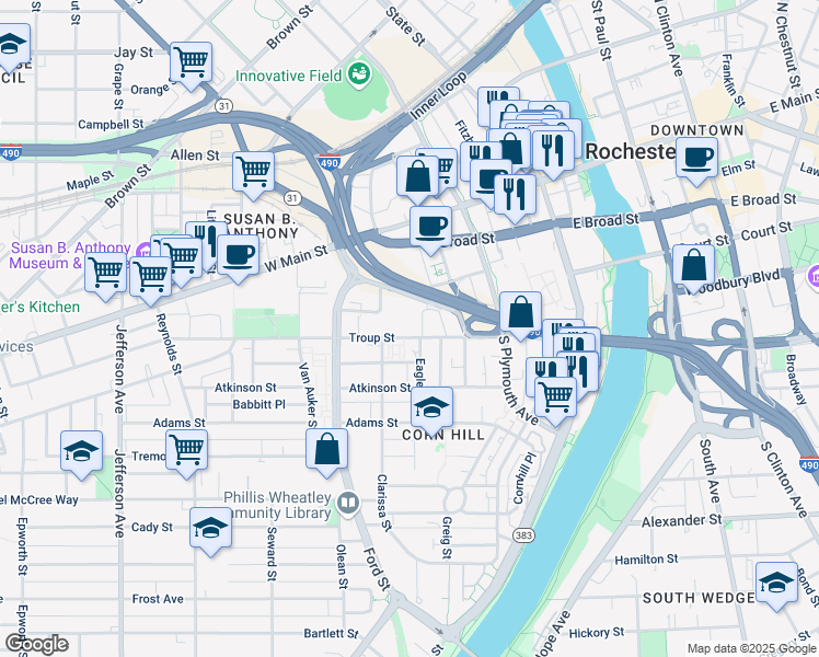 map of restaurants, bars, coffee shops, grocery stores, and more near 5 Livingston Park in Rochester