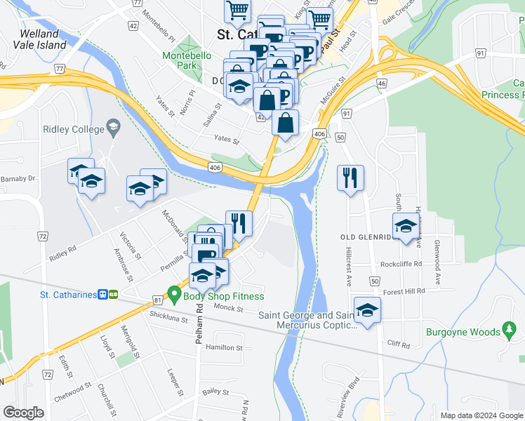 map of restaurants, bars, coffee shops, grocery stores, and more near 2 A Hainer Street in St. Catharines