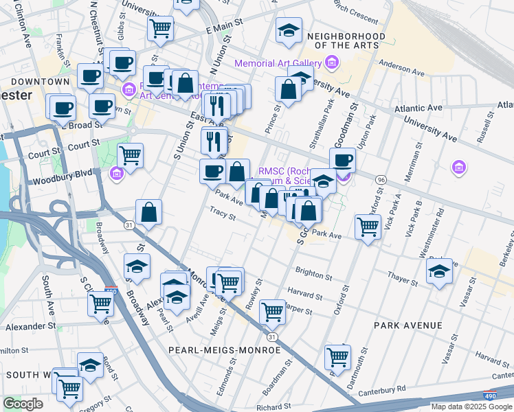 map of restaurants, bars, coffee shops, grocery stores, and more near 110 Park Avenue in Rochester