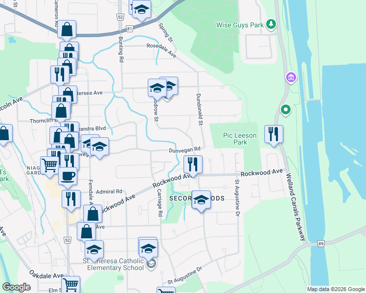 map of restaurants, bars, coffee shops, grocery stores, and more near 89 Dunvegan Road in St. Catharines