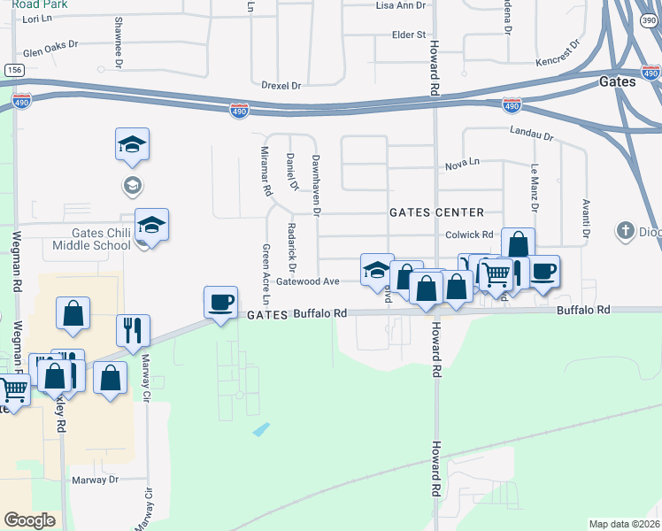 map of restaurants, bars, coffee shops, grocery stores, and more near 270 Normandale Drive in Rochester