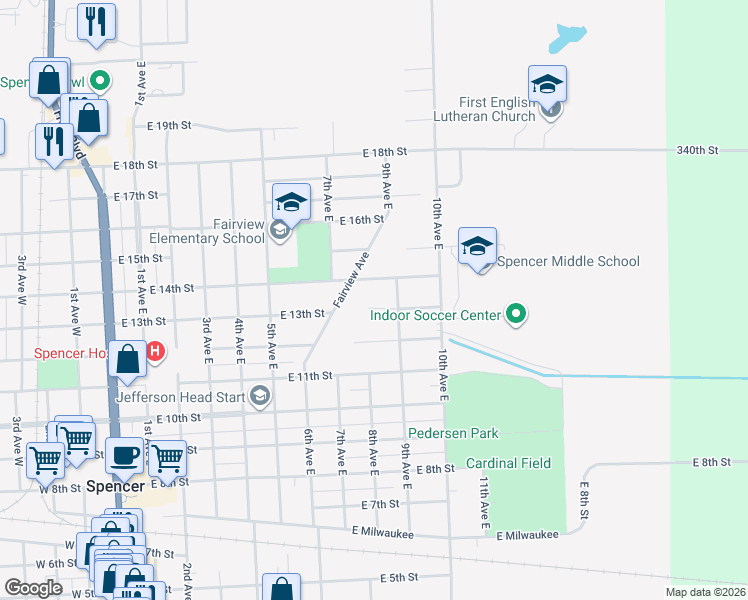 map of restaurants, bars, coffee shops, grocery stores, and more near 1324 Fairview Avenue in Spencer