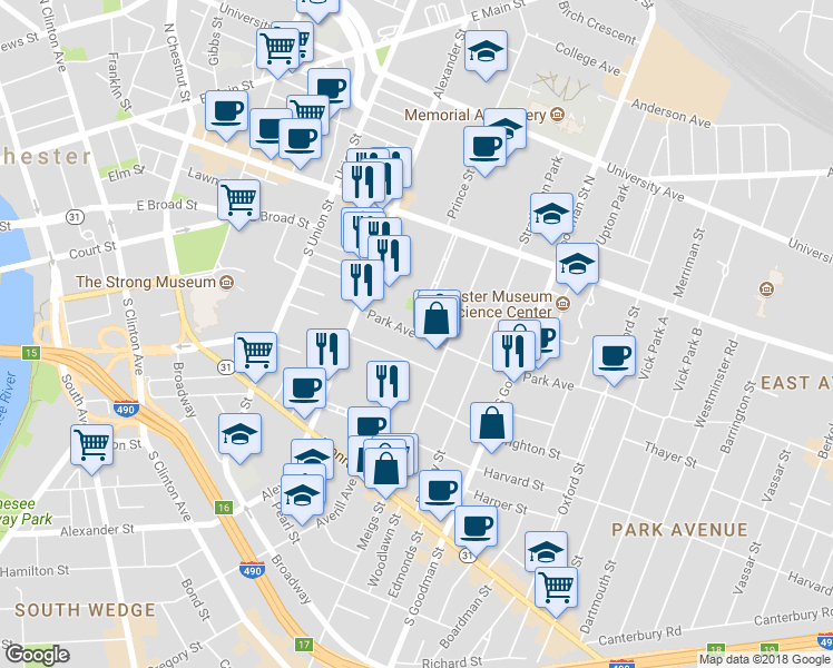map of restaurants, bars, coffee shops, grocery stores, and more near 86 Park Avenue in Rochester