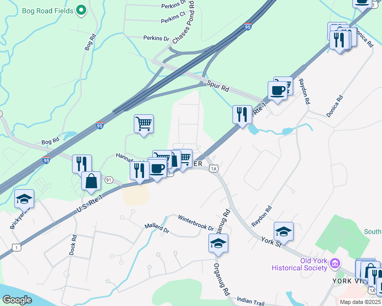 map of restaurants, bars, coffee shops, grocery stores, and more near 4 Dusty Lane in York