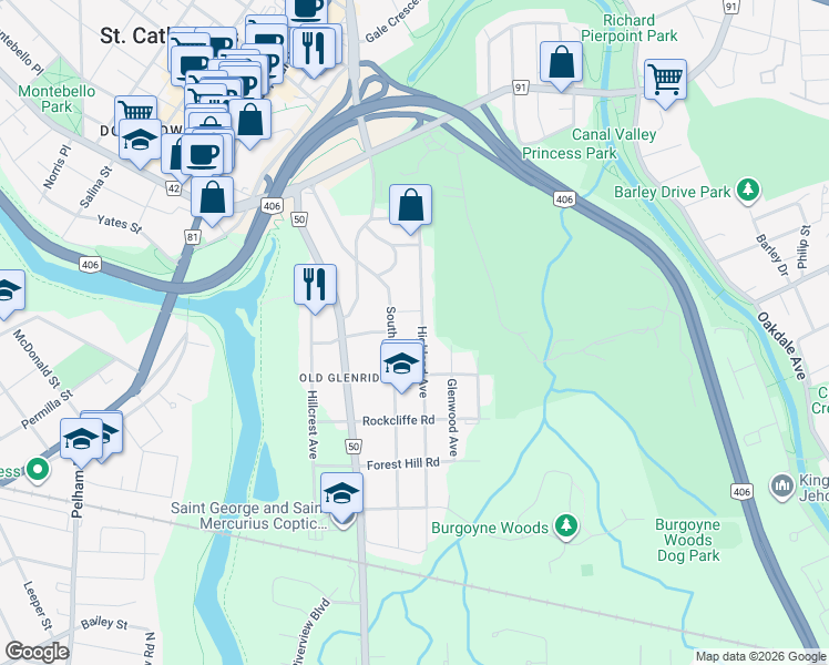 map of restaurants, bars, coffee shops, grocery stores, and more near 82 Highland Avenue in St. Catharines
