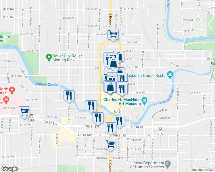 map of restaurants, bars, coffee shops, grocery stores, and more near 15 West State Street in Mason City