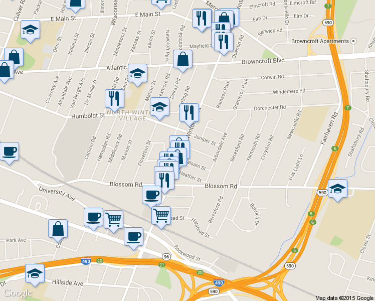 map of restaurants, bars, coffee shops, grocery stores, and more near 338 Winton Road North in Rochester