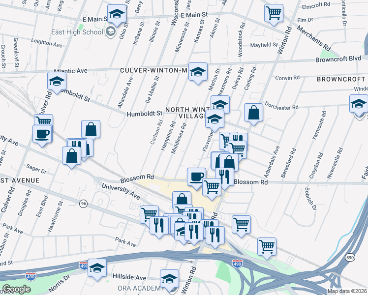 map of restaurants, bars, coffee shops, grocery stores, and more near 128 Middlesex Road in Rochester
