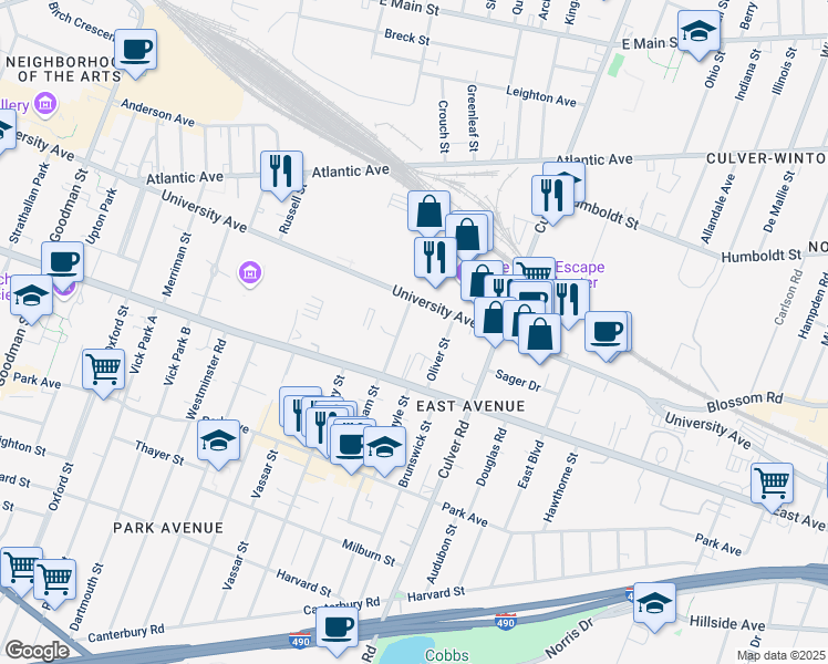 map of restaurants, bars, coffee shops, grocery stores, and more near 12 Granger Place in Rochester