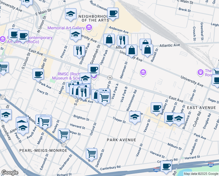 map of restaurants, bars, coffee shops, grocery stores, and more near 10 Vick Park A in Rochester