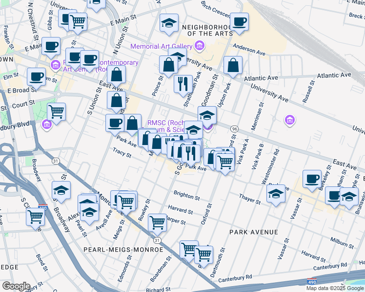 map of restaurants, bars, coffee shops, grocery stores, and more near 15 Goodman Street North in Rochester
