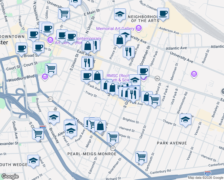map of restaurants, bars, coffee shops, grocery stores, and more near 105 Meigs Street in Rochester