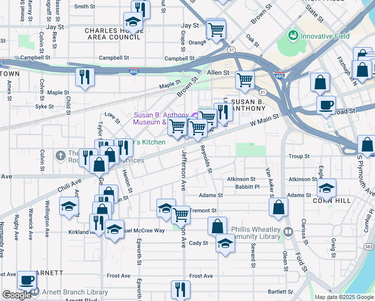 map of restaurants, bars, coffee shops, grocery stores, and more near 567 West Main Street in Rochester