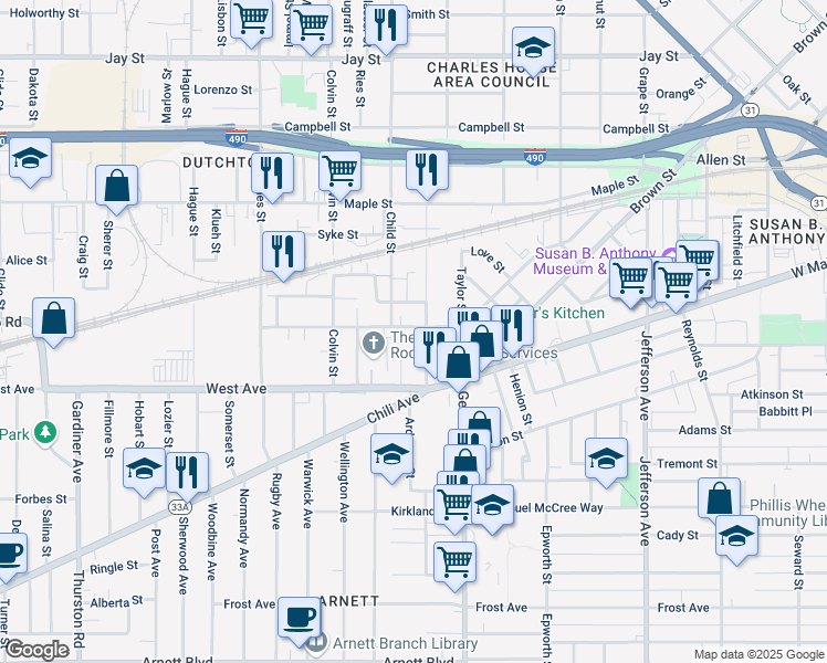 map of restaurants, bars, coffee shops, grocery stores, and more near 28 Danforth Street in Rochester